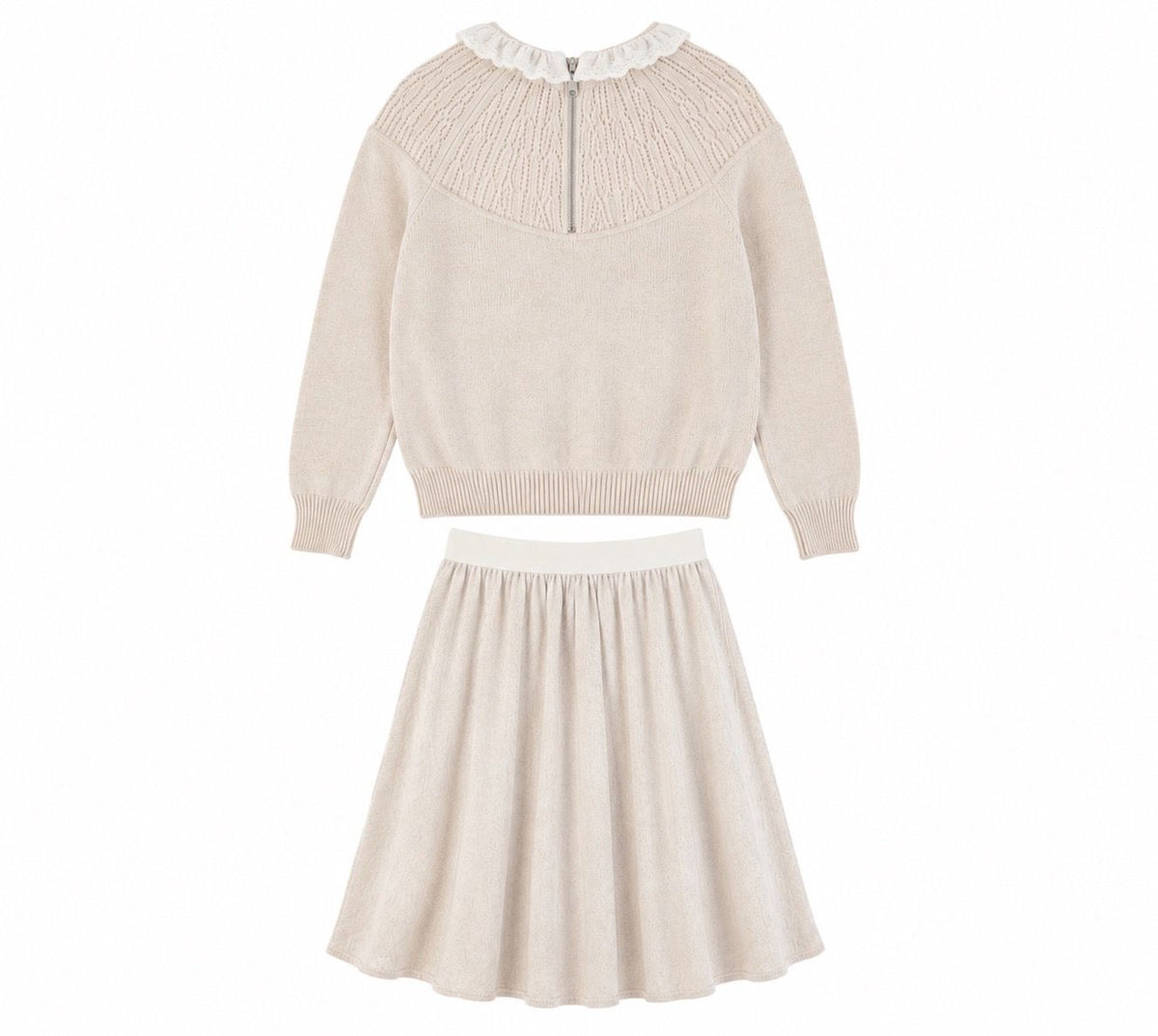 BACE OATMEAL POINTELLE LACE COLLAR SWEATER WITH SKIRT SET AW26 28331