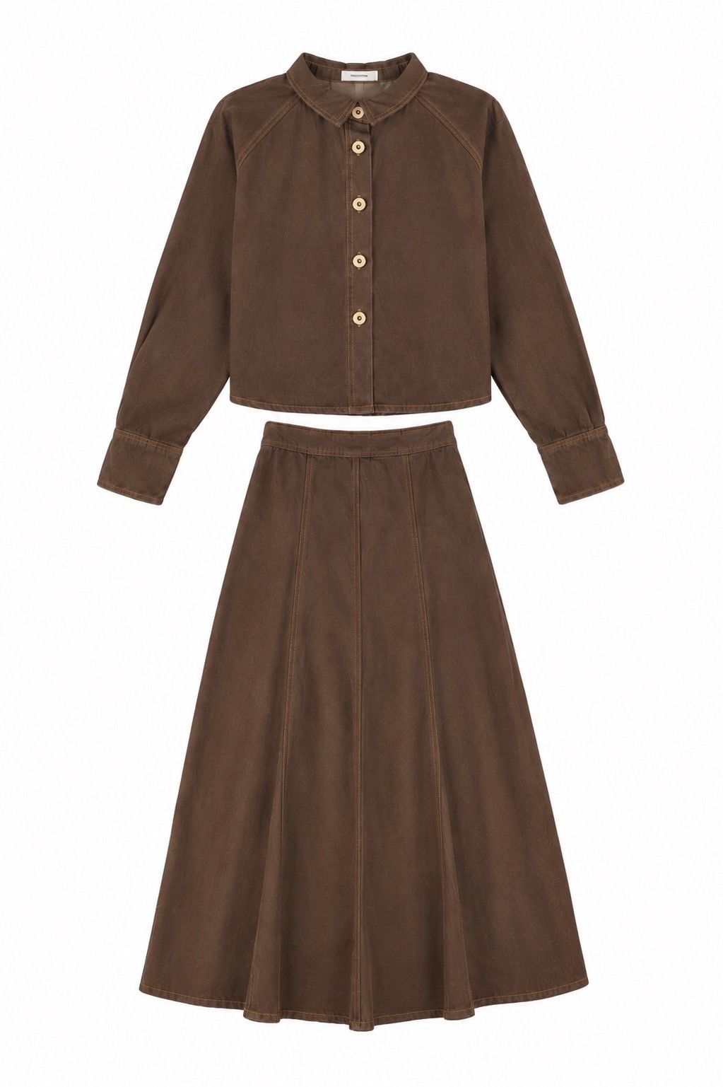 VALENTINA BROWN DENIM CONTRAST SEAM CROP BLOUSE WITH SKIRT SET AW26 28773