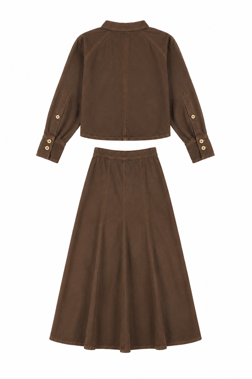 VALENTINA BROWN DENIM CONTRAST SEAM CROP BLOUSE WITH SKIRT SET AW26 28773