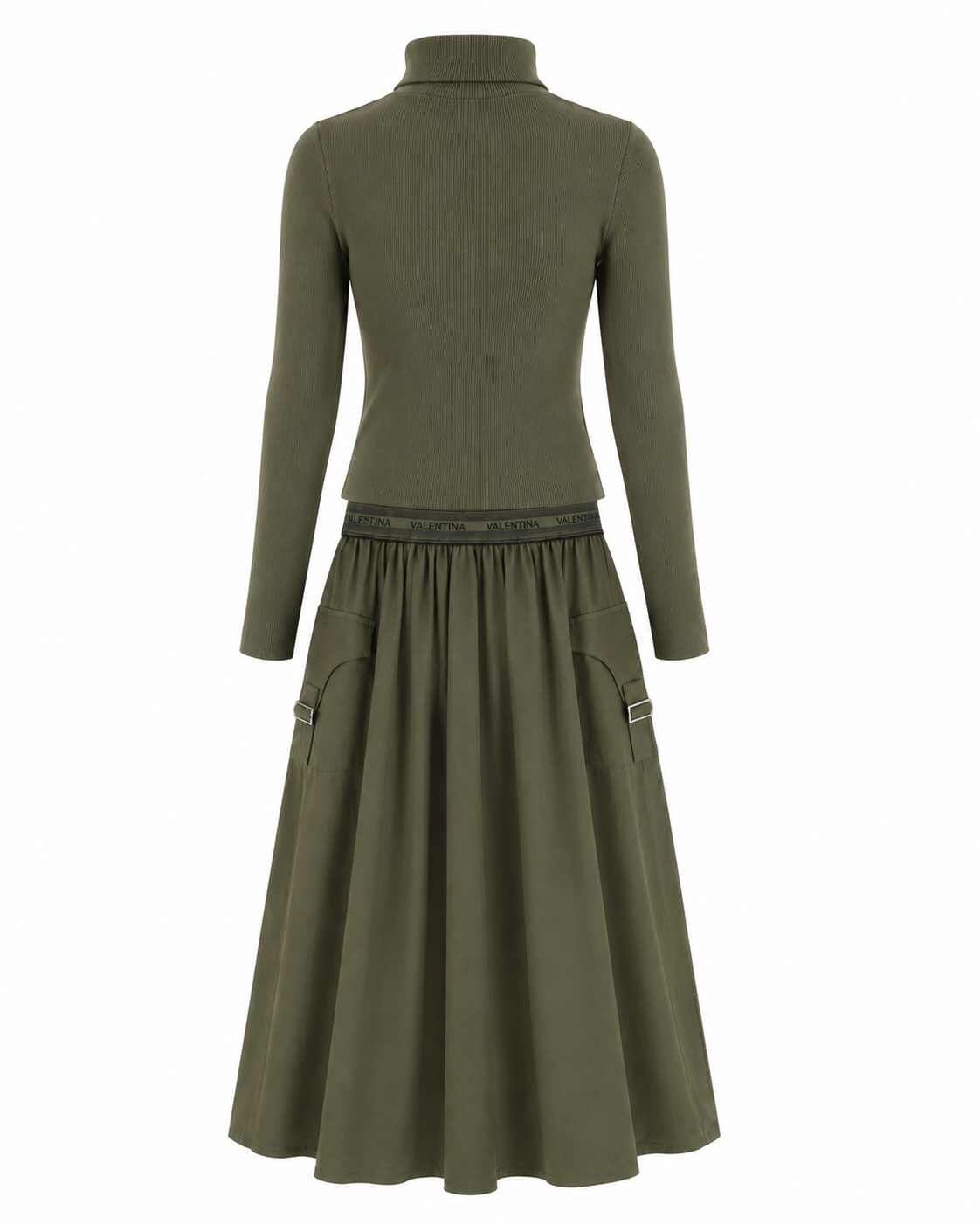 VALENTINA GREEN RIBBED KNIT LOGO TURTLENECK WITH SKIRT SET AW26 28117