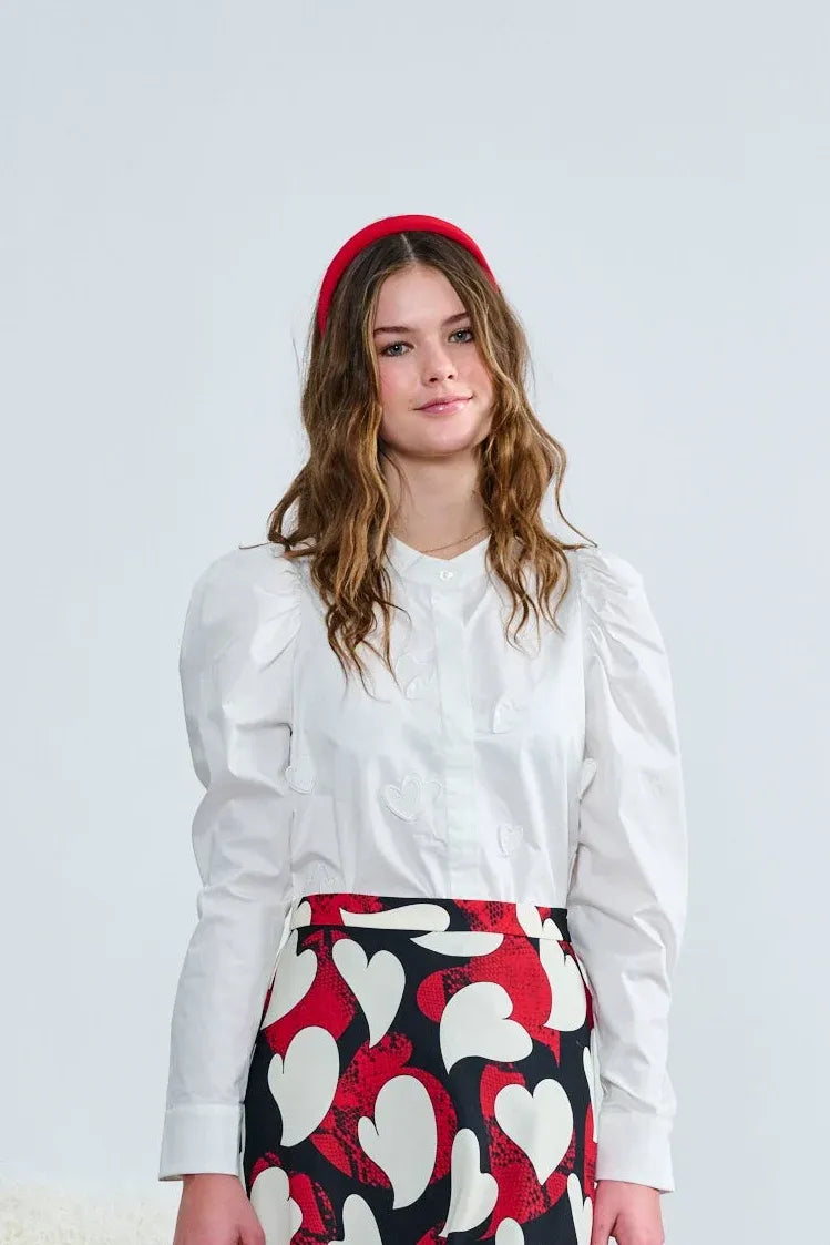 Laurent White Button Down W/ Heart Appliques Top with skirtt-1431 AW26
