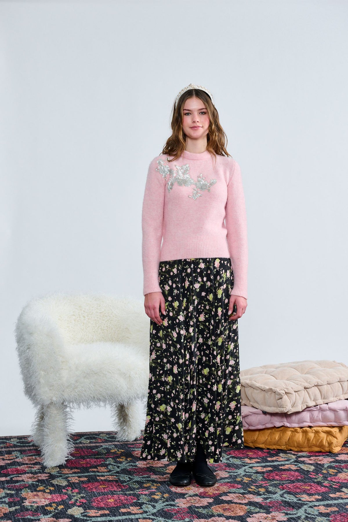 Laurent Baby Pink Knit W/ Silver Sequin Detail Top  w/skirt  t-1432 AW26