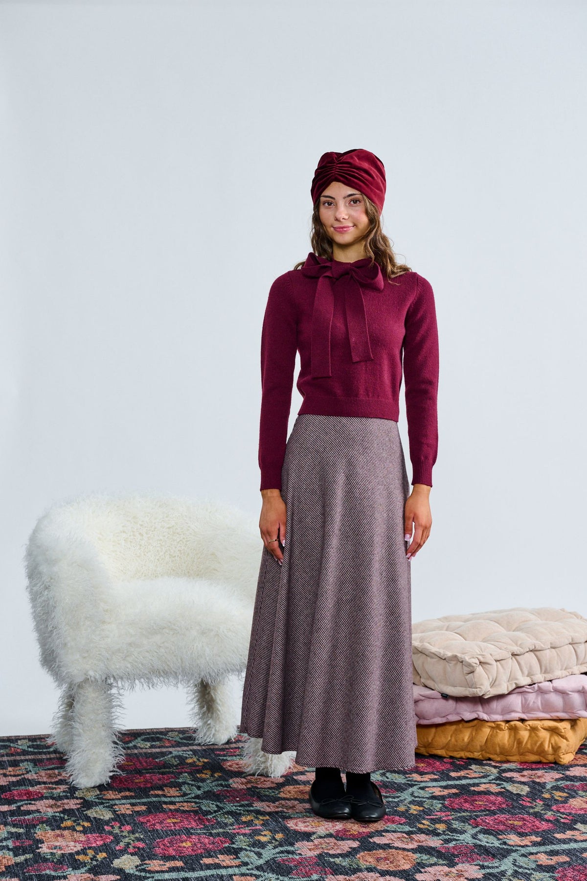 Laurent Wine Knit W/ Tie Bow Collar Top t-1361  w/skirt  AW26