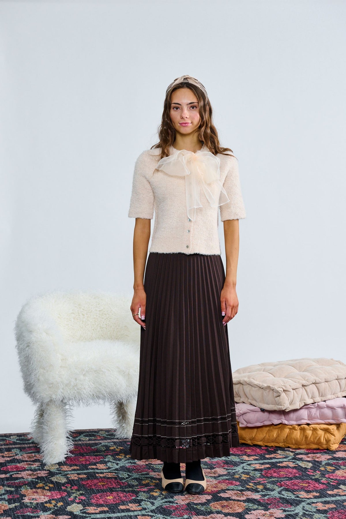 Laurent Ivory Fuzzy Knit W/ Orgnza Tie Bow Collar Top  w/skirt  t-1377 AW26