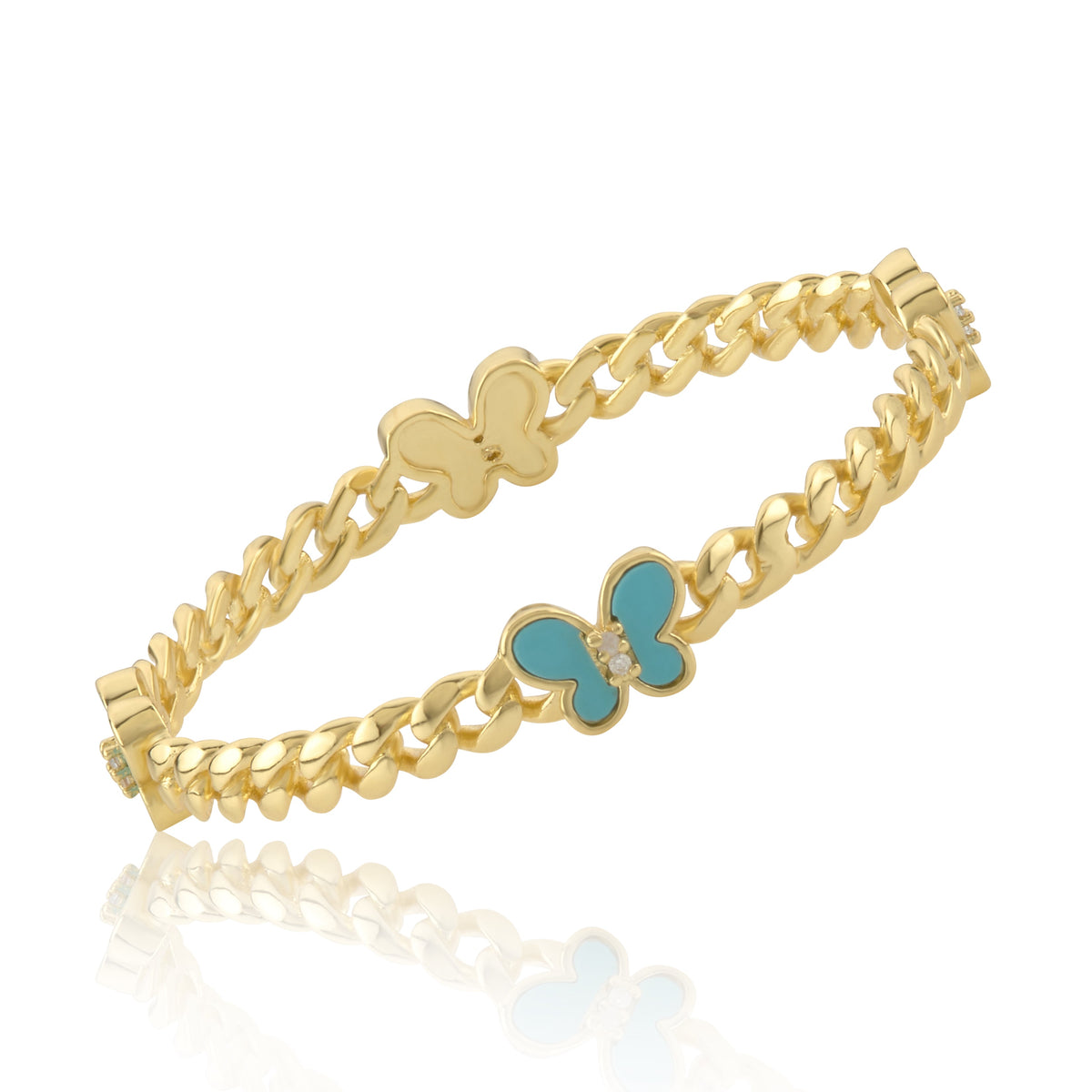 Link Bangle Accented With Cz & Mother Of Pearl Butterflies