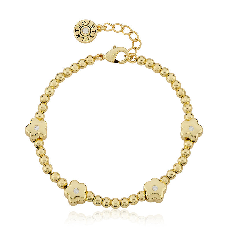 LMTS Classic! 14K Gold Plated Bead & Cz Center Flowers Bracelet