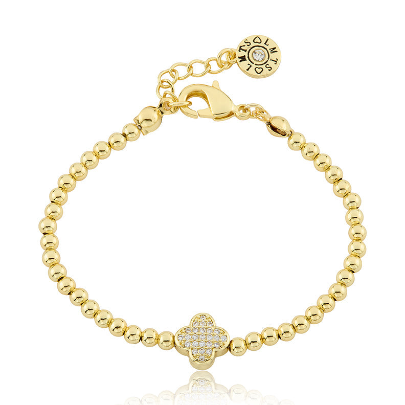 LMTS Classic! 14K Gold Plated Bead & Cz Clover Wire Bracelet