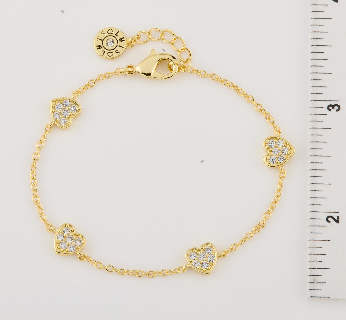 14K Gold Plated 4 Clear Cz Hearts Station Chain Bracelet