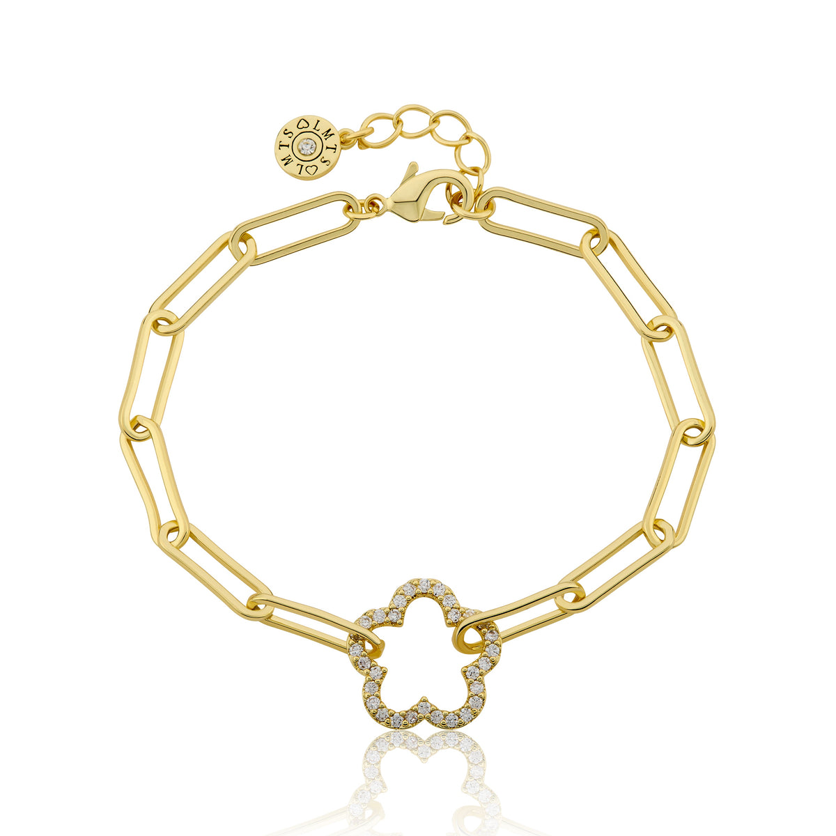 14K Gold Plated Links Chain Bracelet With Cz Open Flower Center