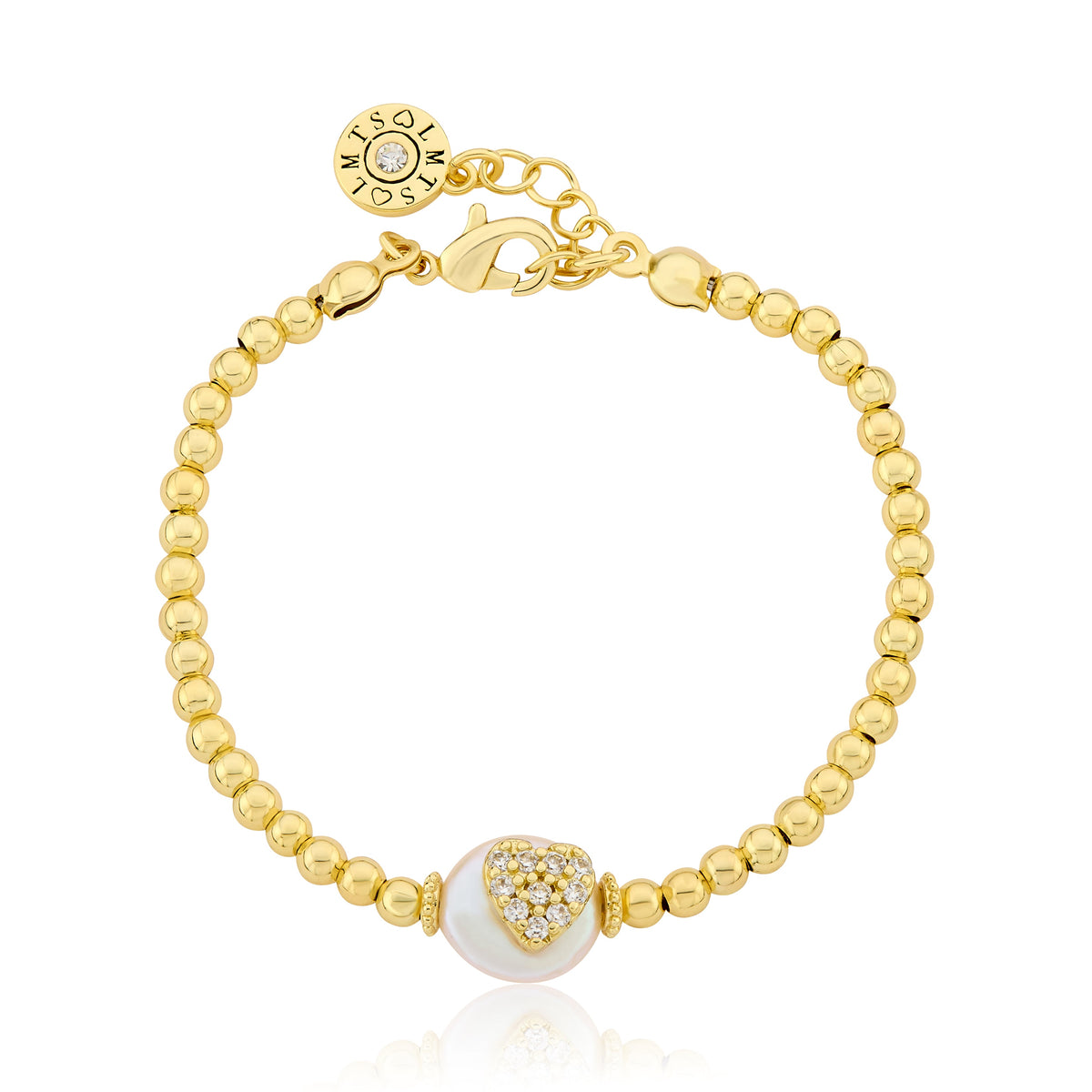 14K Gold Plated 3mm Bead & Cz Heart Over Flat Pearl Wire Bracelet