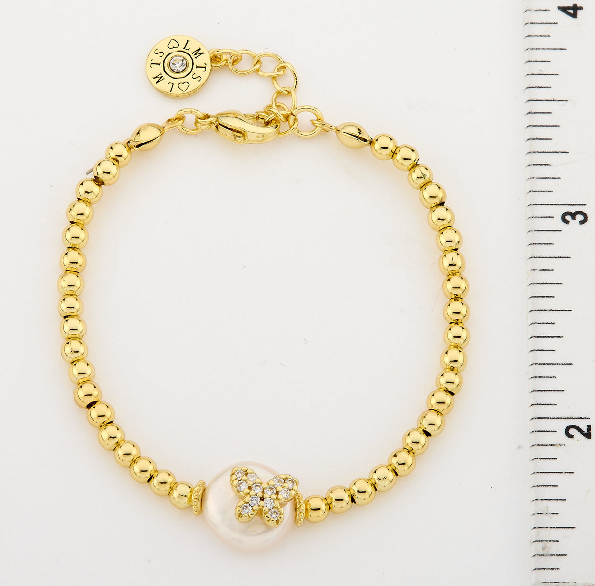14K Gold Plated 3mm Bead & Cz Butterfly Over Flat Pearl Wire Bracelet