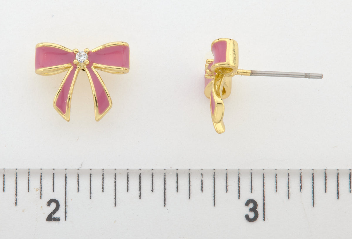 LMTS Classic! 14k Gold Plated Cz Center Enamel Bow Stud Earring