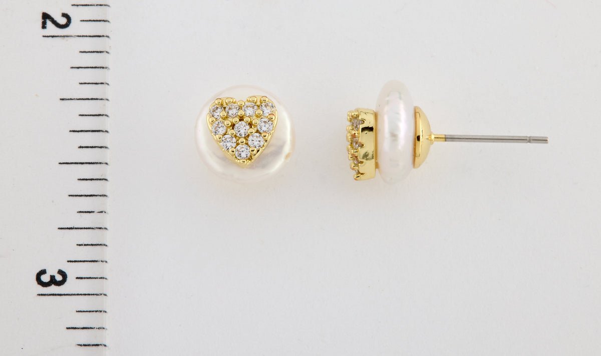 14K Gold Plated Cz Heart Over 10mm Pearl Stud Earring