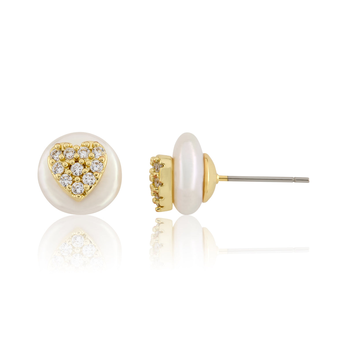 14K Gold Plated Cz Heart Over 10mm Pearl Stud Earring