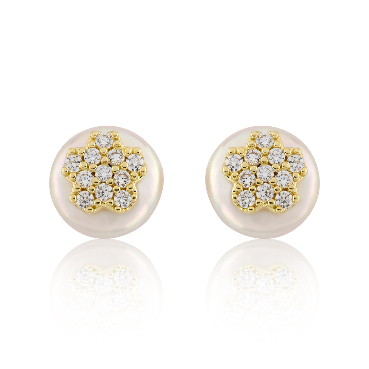 14K Gold Plated Cz Flower Over 10mm Pearl Stud Earring
