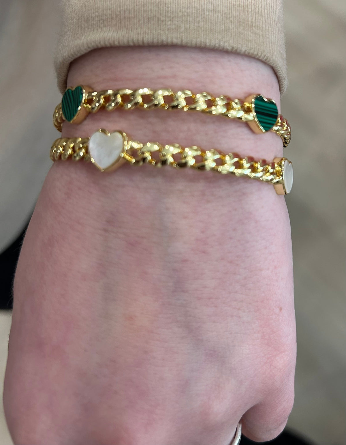 Link Bangle Accented With Mother Of Pearl Hearts