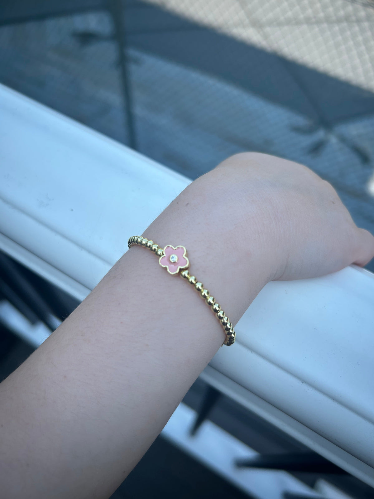LMTS Classic! 14K Gold Plated Bead & Enamel Flower Wire Bracelet