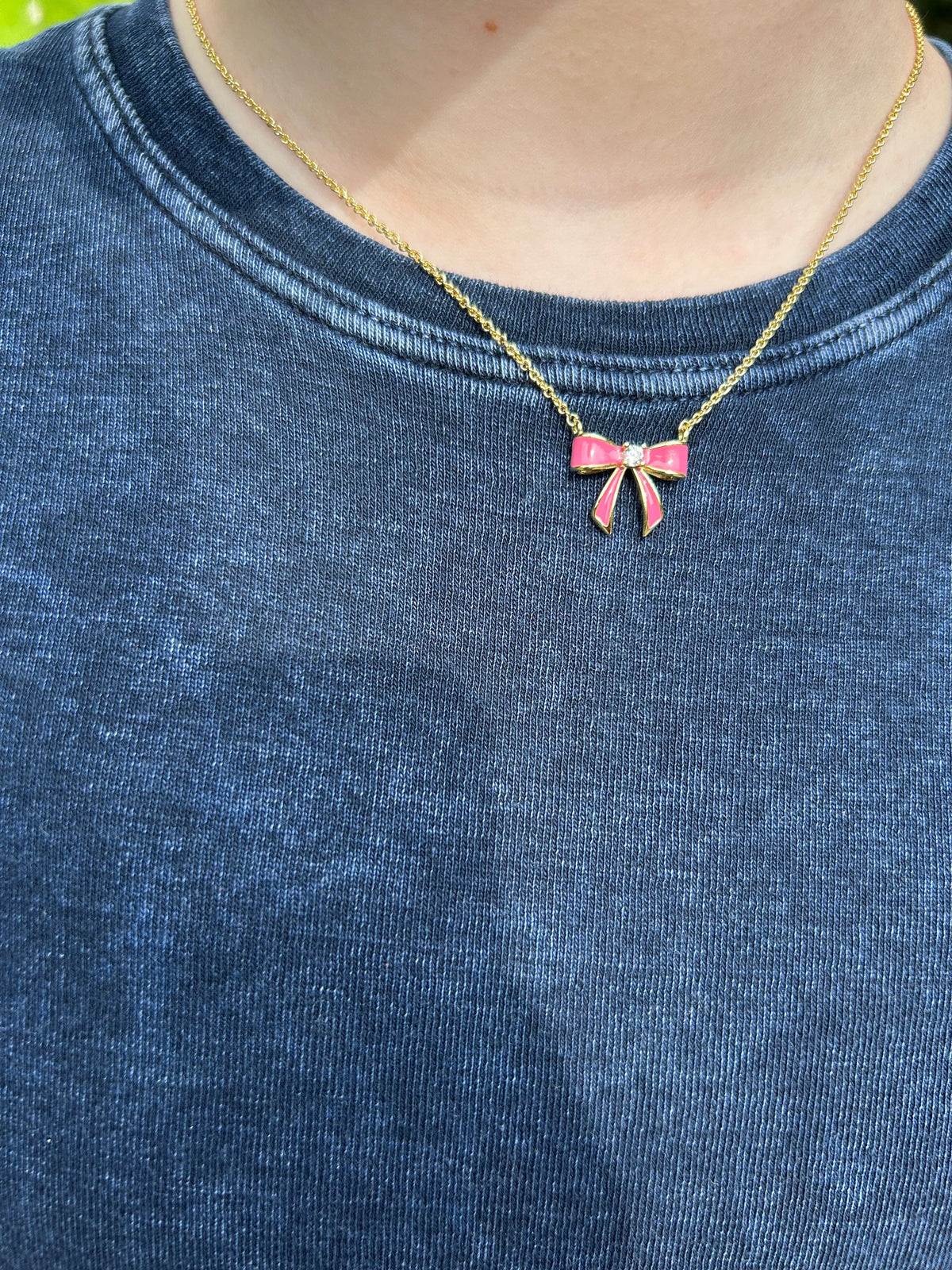 LMTS Classic! 14k Gold Plated Cz Center Enamel Bow Necklace