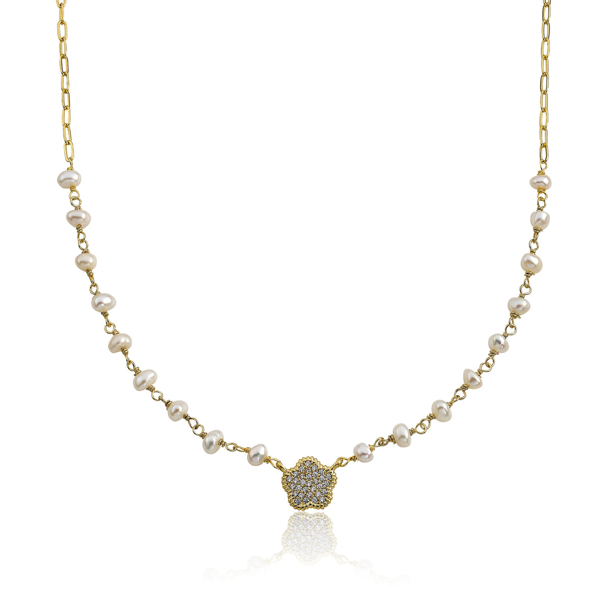 Micro Pave Flower Pearl Necklace