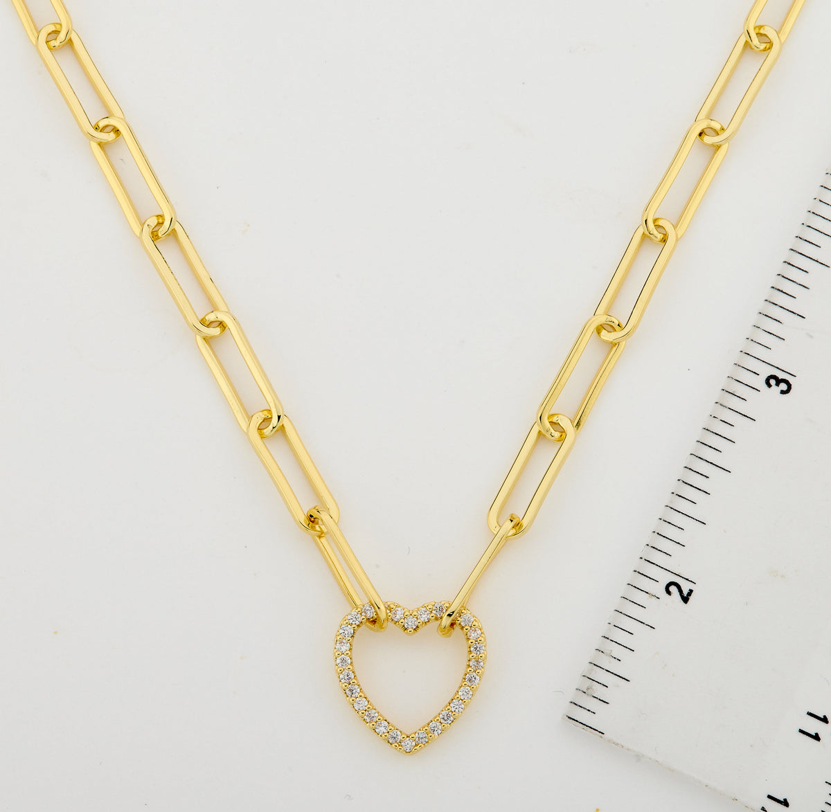 14K Gold Plated Links Chain Necklace With Cz Open Heart Center