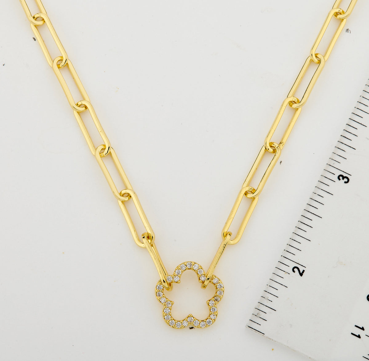 14K Gold Plated Links Chain Necklace With Cz Open Flower Center